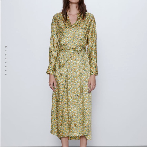 zara green satin shirt dress ZARA Long Floral Embroidered Satin Shirt Dress Tunic Khaki Green 7521/058 XS